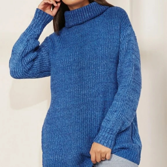 Free People Eleven Turtleneck Longline Knit Sweater Blue Small - Picture 3 of 3